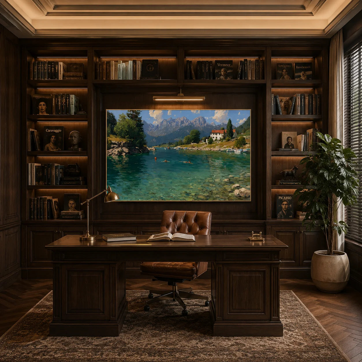 Alpine Lake Landscape Hand-Painted Oil Painting, Mountain Lake Wall Art for Living Room Decor # OA 1044