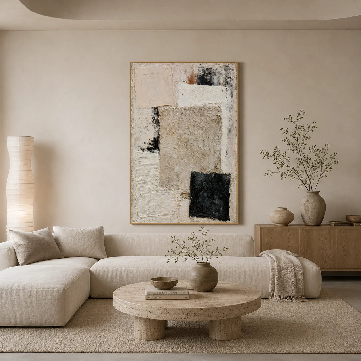 Beige and Black Geometric Textured Abstract Oil Painting – Vertical Wabi-Sabi Minimalist Wall Art # OA 1200