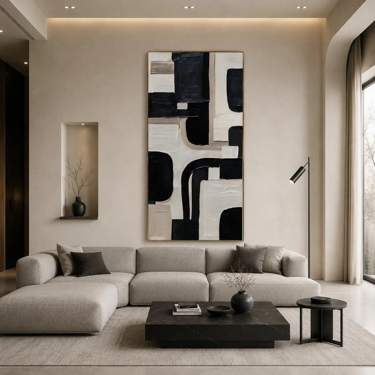 Black Beige Geometric Abstract Hand-Painted Oil Painting | Modern Minimalist Textured Wall Art # OA 1031
