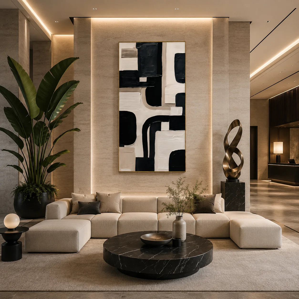 Black Beige Geometric Abstract Hand-Painted Oil Painting | Modern Minimalist Textured Wall Art # OA 1031