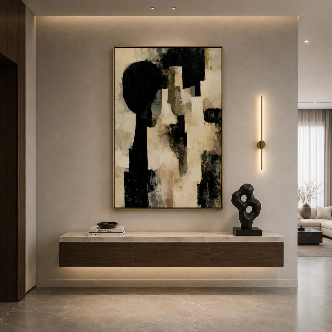 Black Beige Geometric Abstract Hand-Painted Oil Painting Modern Minimalist Wall Art # OA 1078