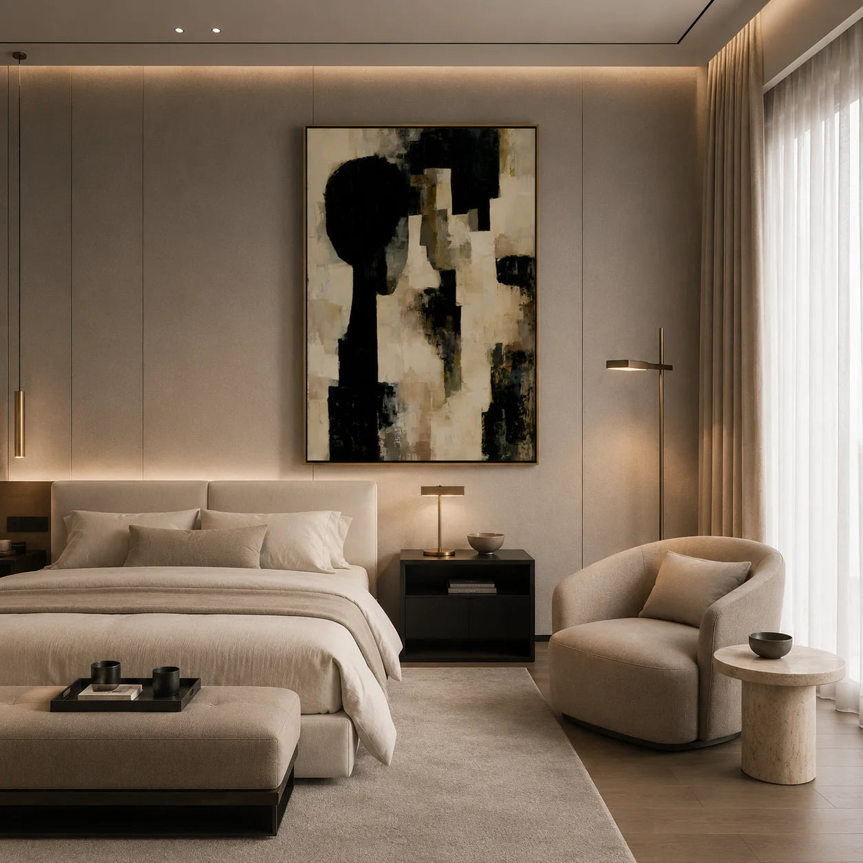Black Beige Geometric Abstract Hand-Painted Oil Painting Modern Minimalist Wall Art # OA 1078