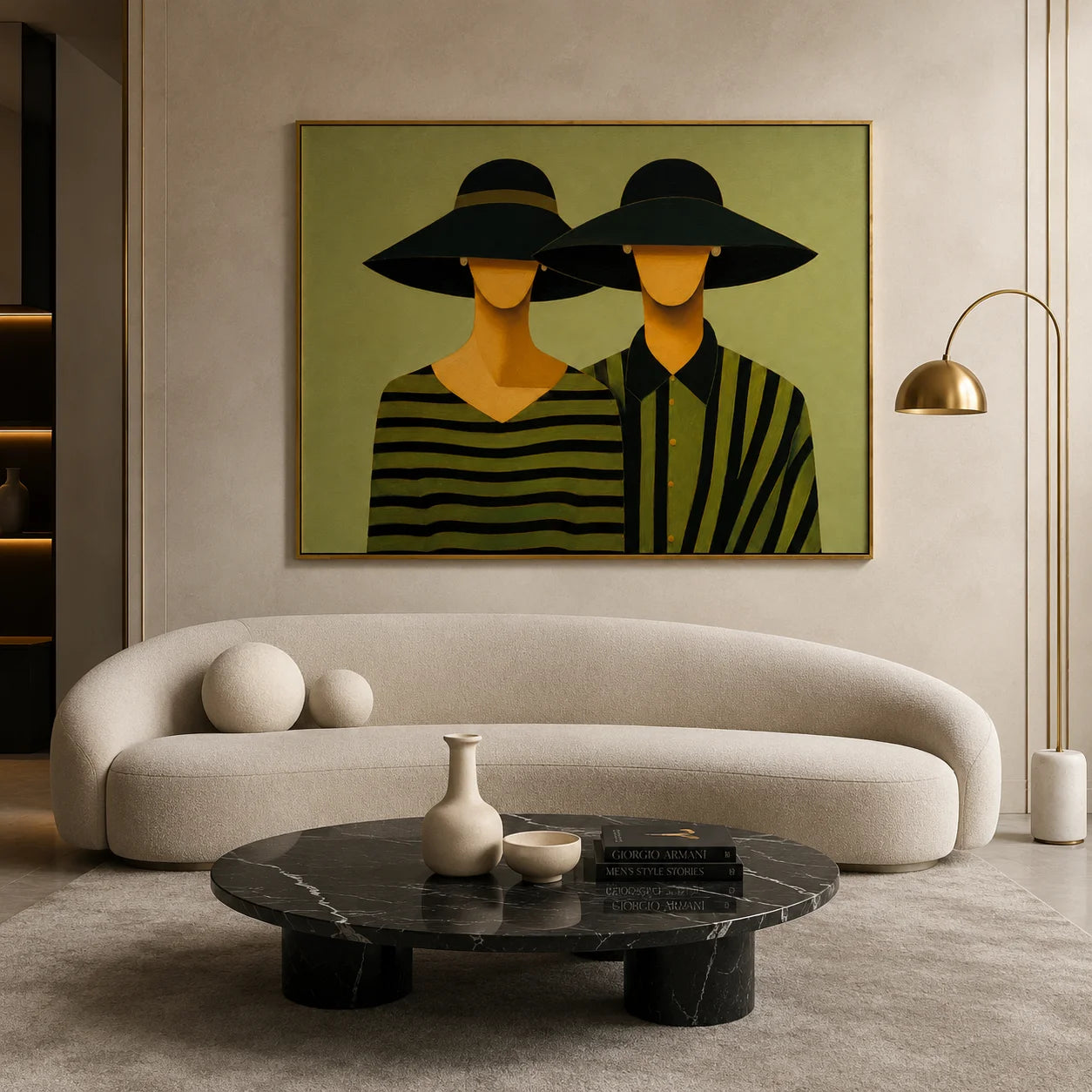 Black Hat Couple Hand-Painted Oil Painting | Modern Abstract Figurative Wall Art with Green Striped Design#OA 1014