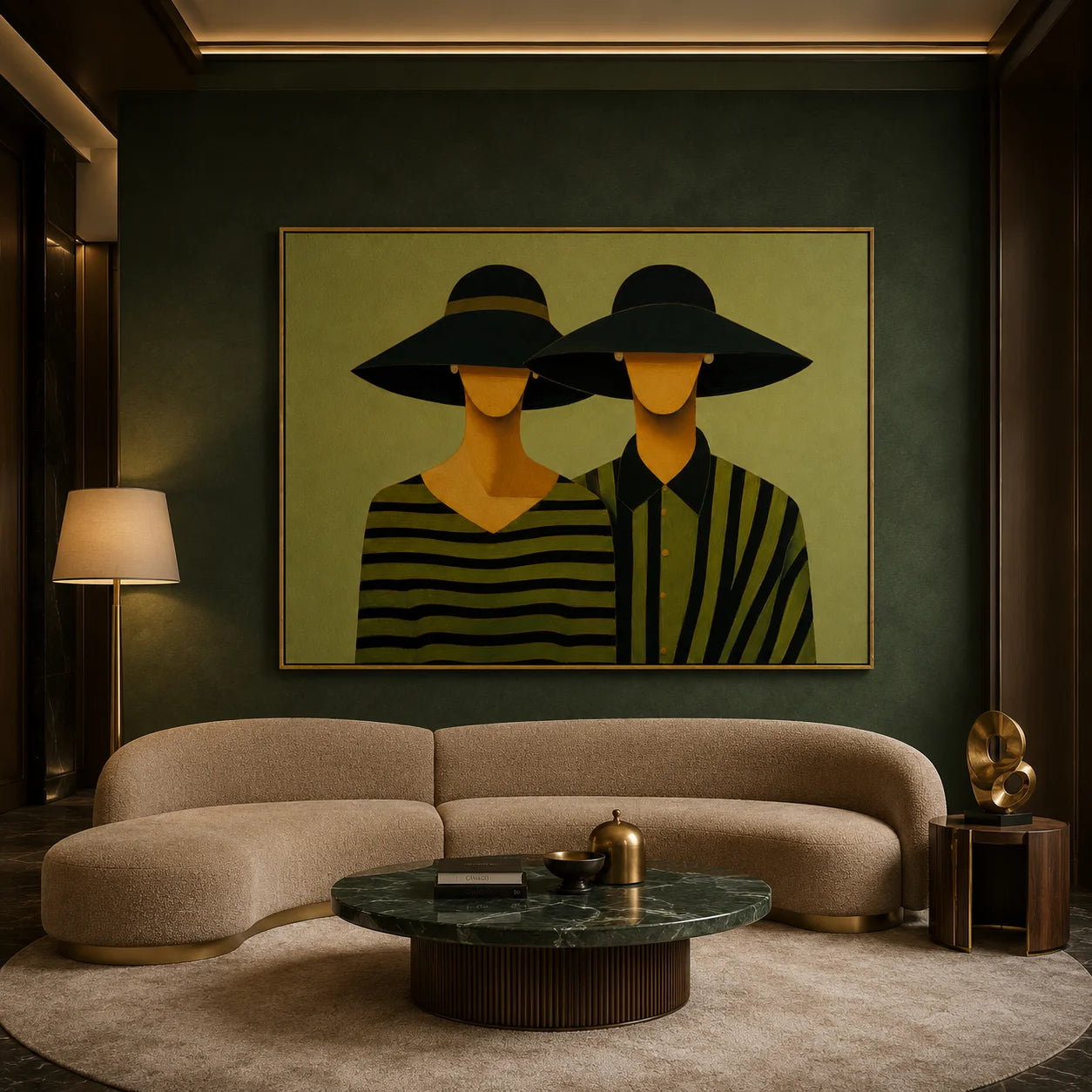 Black Hat Couple Hand-Painted Oil Painting | Modern Abstract Figurative Wall Art with Green Striped Design#OA 1014