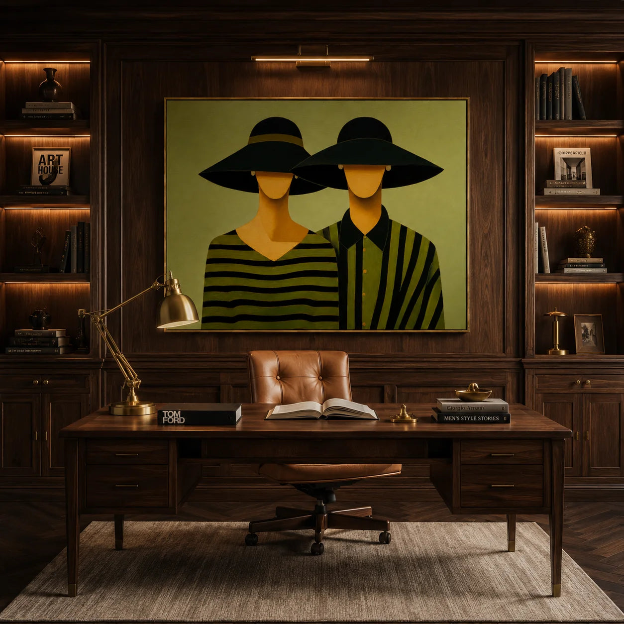 Black Hat Couple Hand-Painted Oil Painting | Modern Abstract Figurative Wall Art with Green Striped Design#OA 1014