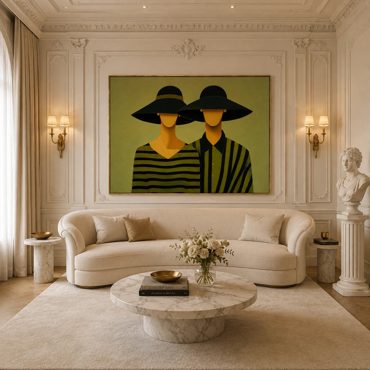 Black Hat Couple Hand-Painted Oil Painting | Modern Abstract Figurative Wall Art with Green Striped Design#OA 1014