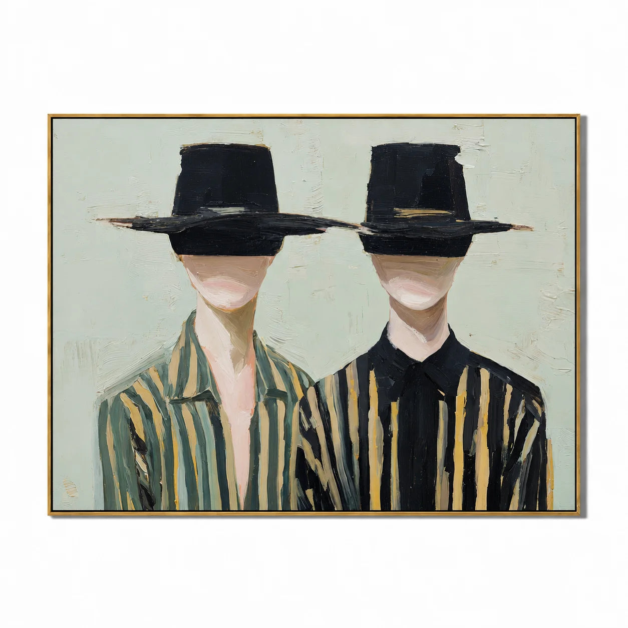 Black Hat Couple Hand-Painted Oil Painting | Modern Abstract Figurative Wall Art with Minimal Striped Design#OA1024