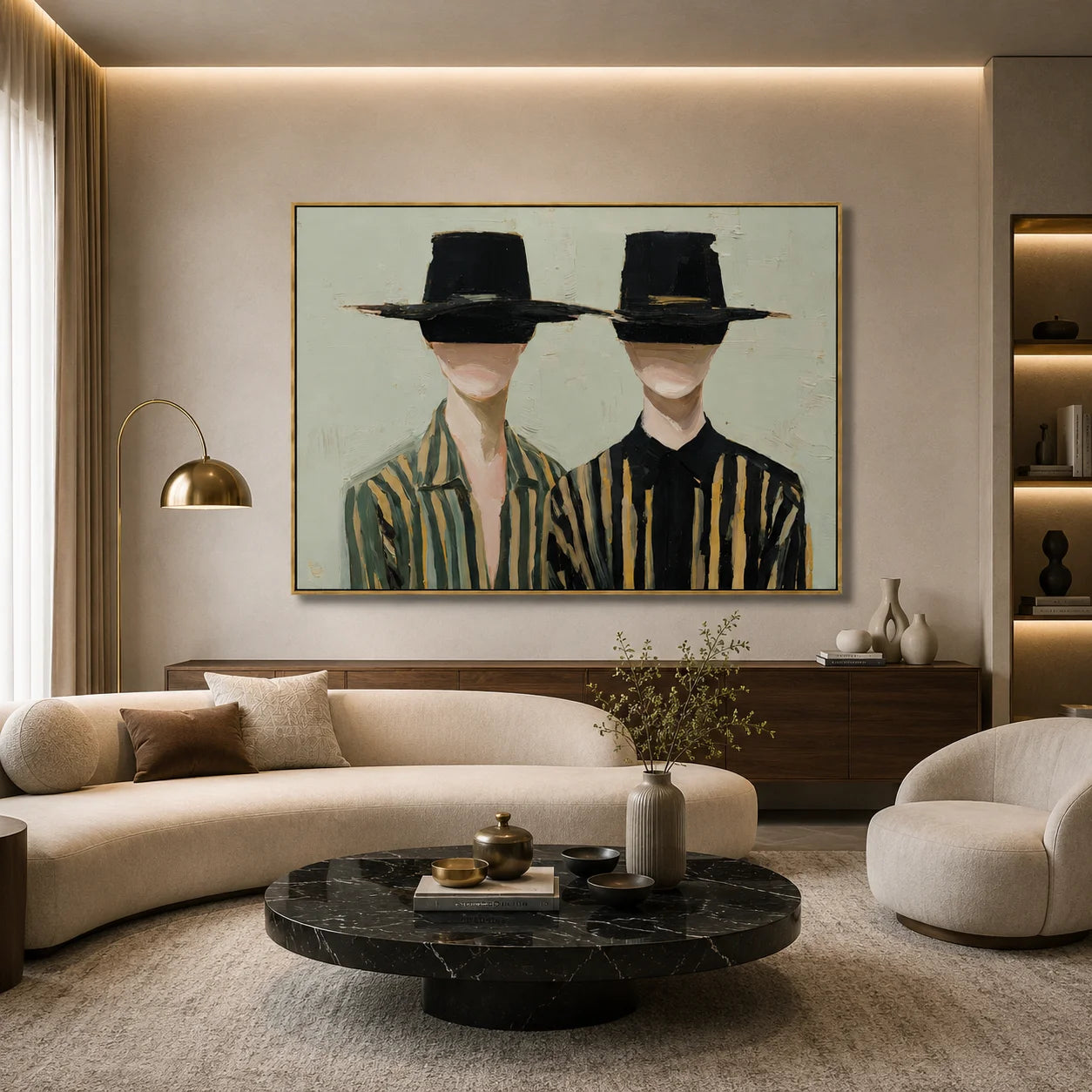 Black Hat Couple Hand-Painted Oil Painting | Modern Abstract Figurative Wall Art with Minimal Striped Design#OA1024