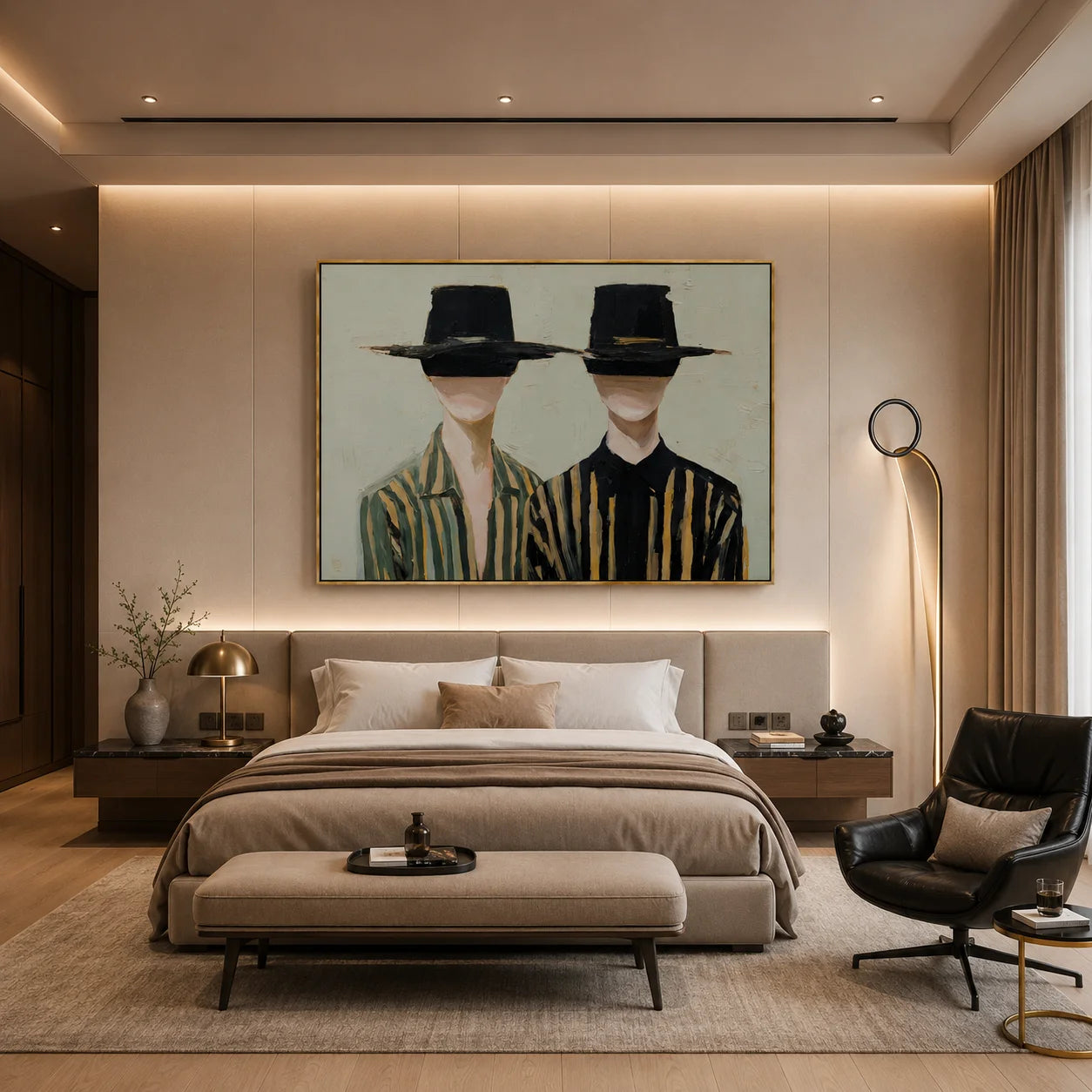 Black Hat Couple Hand-Painted Oil Painting | Modern Abstract Figurative Wall Art with Minimal Striped Design#OA1024