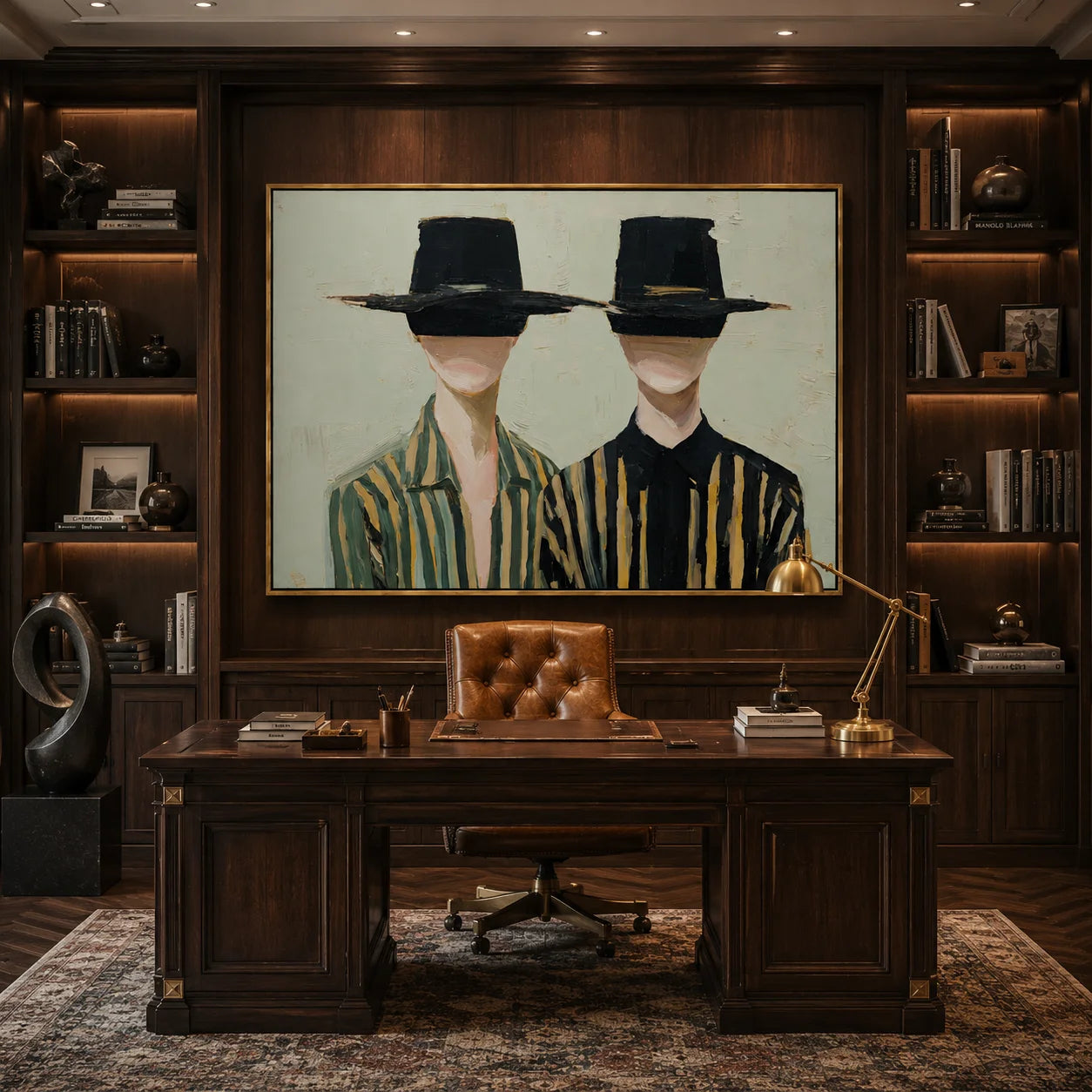 Black Hat Couple Hand-Painted Oil Painting | Modern Abstract Figurative Wall Art with Minimal Striped Design#OA1024