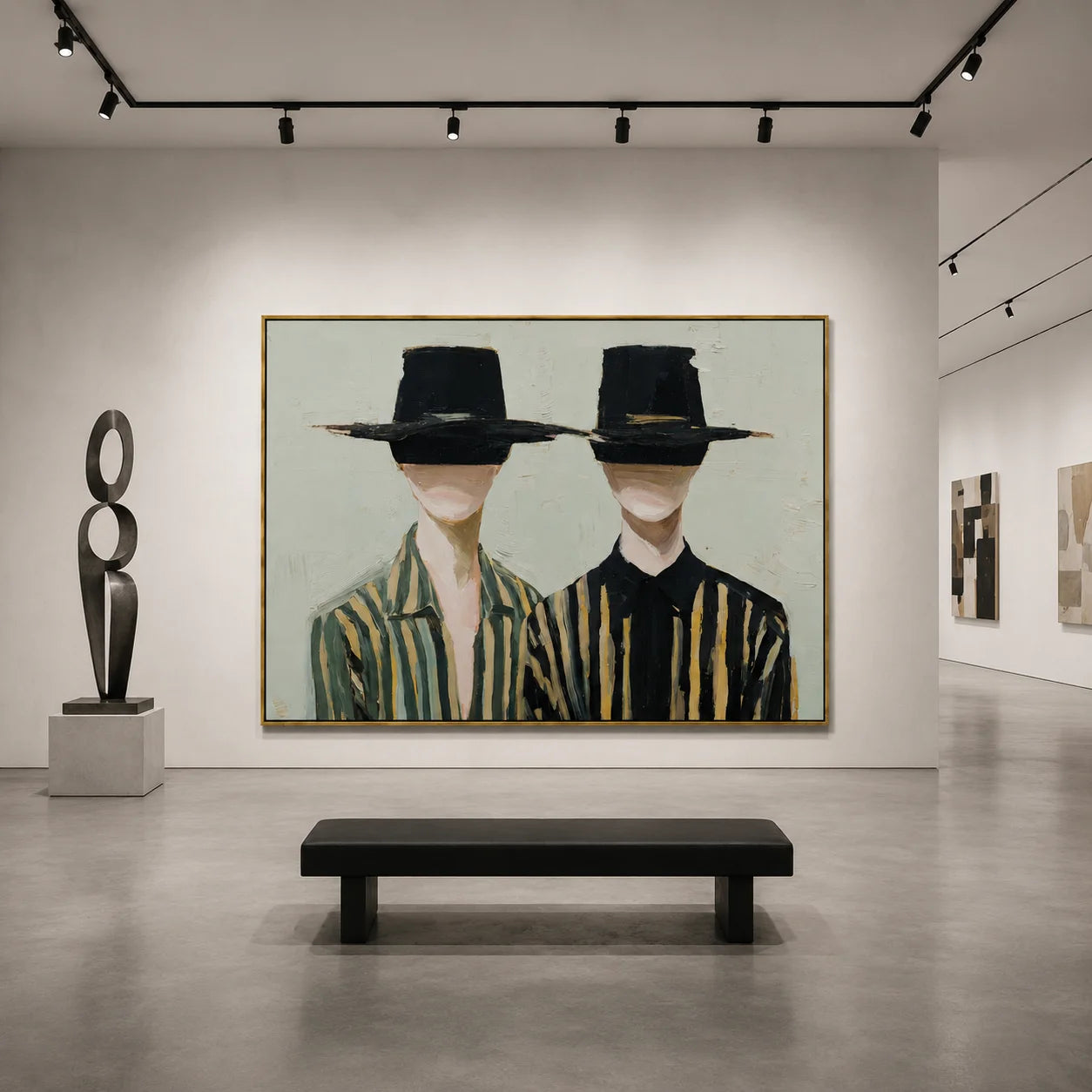 Black Hat Couple Hand-Painted Oil Painting | Modern Abstract Figurative Wall Art with Minimal Striped Design#OA1024