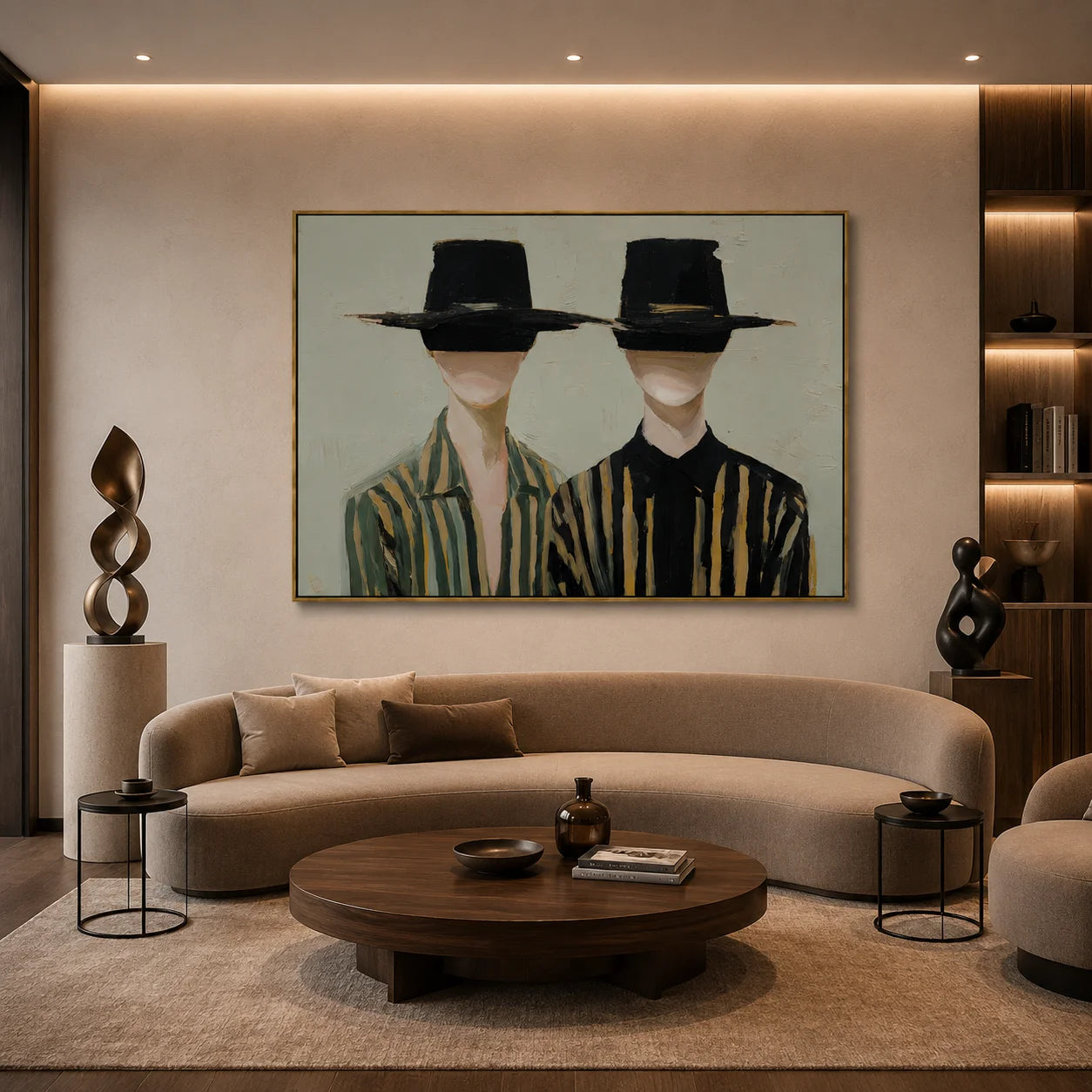 Black Hat Couple Hand-Painted Oil Painting | Modern Abstract Figurative Wall Art with Minimal Striped Design#OA1024