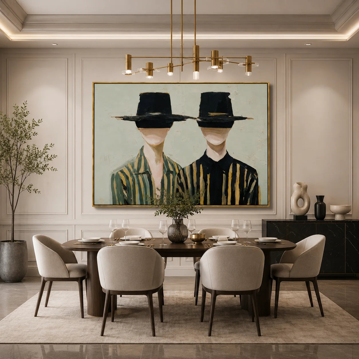Black Hat Couple Hand-Painted Oil Painting | Modern Abstract Figurative Wall Art with Minimal Striped Design#OA1024