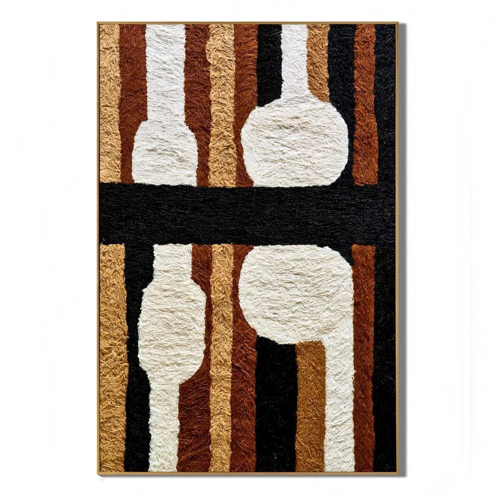 Black, White and Caramel Abstract Ceramic Vase Hand-Painted Oil Painting | Textured Geometric Still Life Wall Art for Modern Interiors