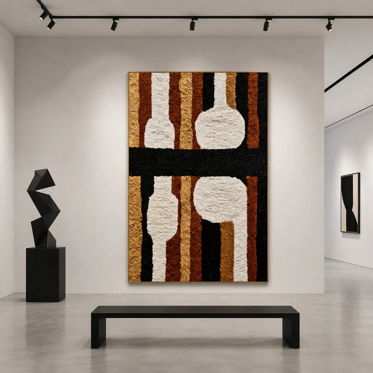 Black, White and Caramel Abstract Ceramic Vase Hand-Painted Oil Painting | Textured Geometric Still Life Wall Art for Modern Interiors