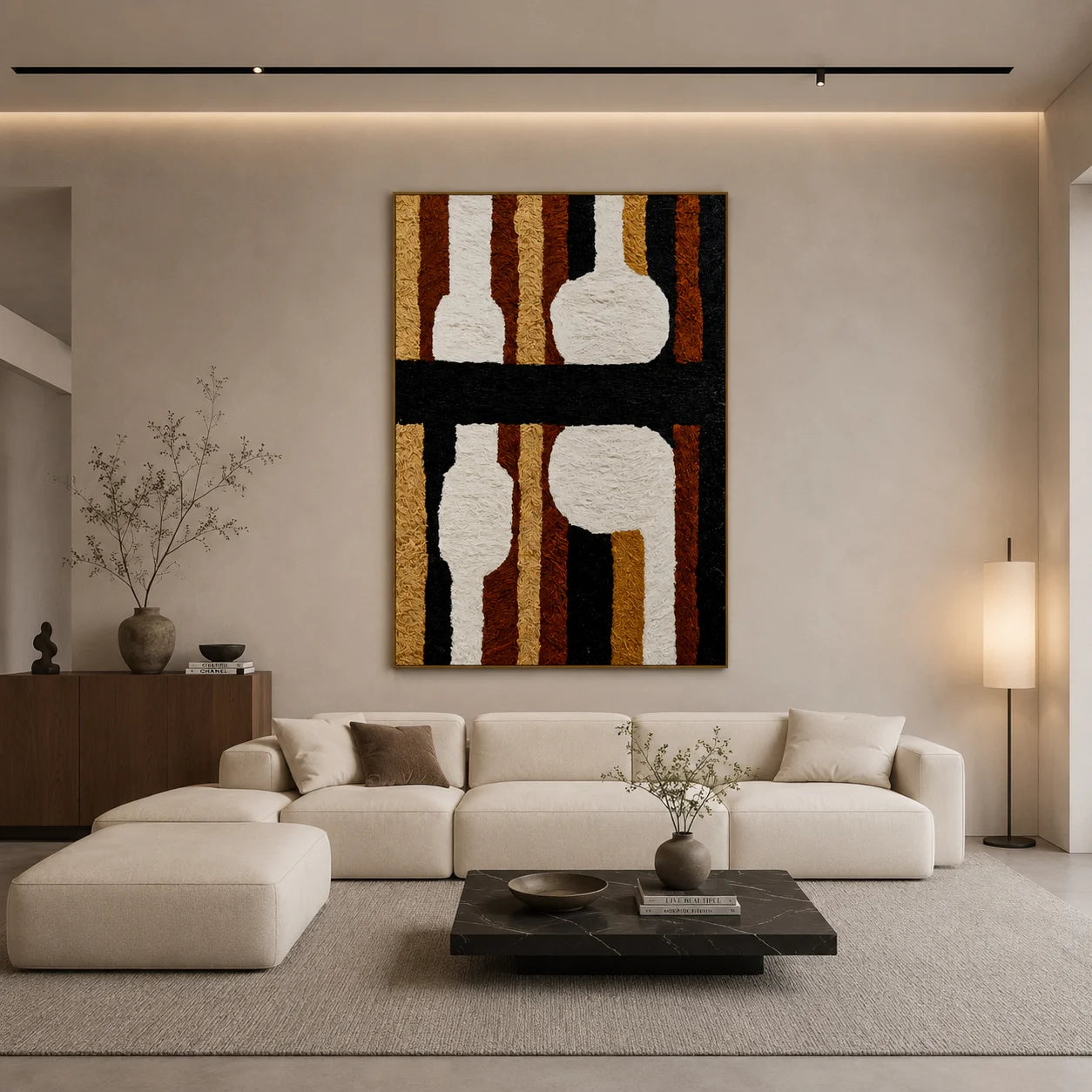 Black, White and Caramel Abstract Ceramic Vase Hand-Painted Oil Painting | Textured Geometric Still Life Wall Art for Modern Interiors