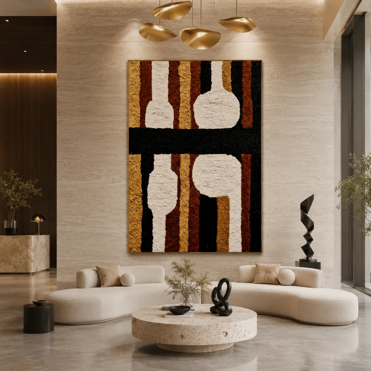 Black, White and Caramel Abstract Ceramic Vase Hand-Painted Oil Painting | Textured Geometric Still Life Wall Art for Modern Interiors