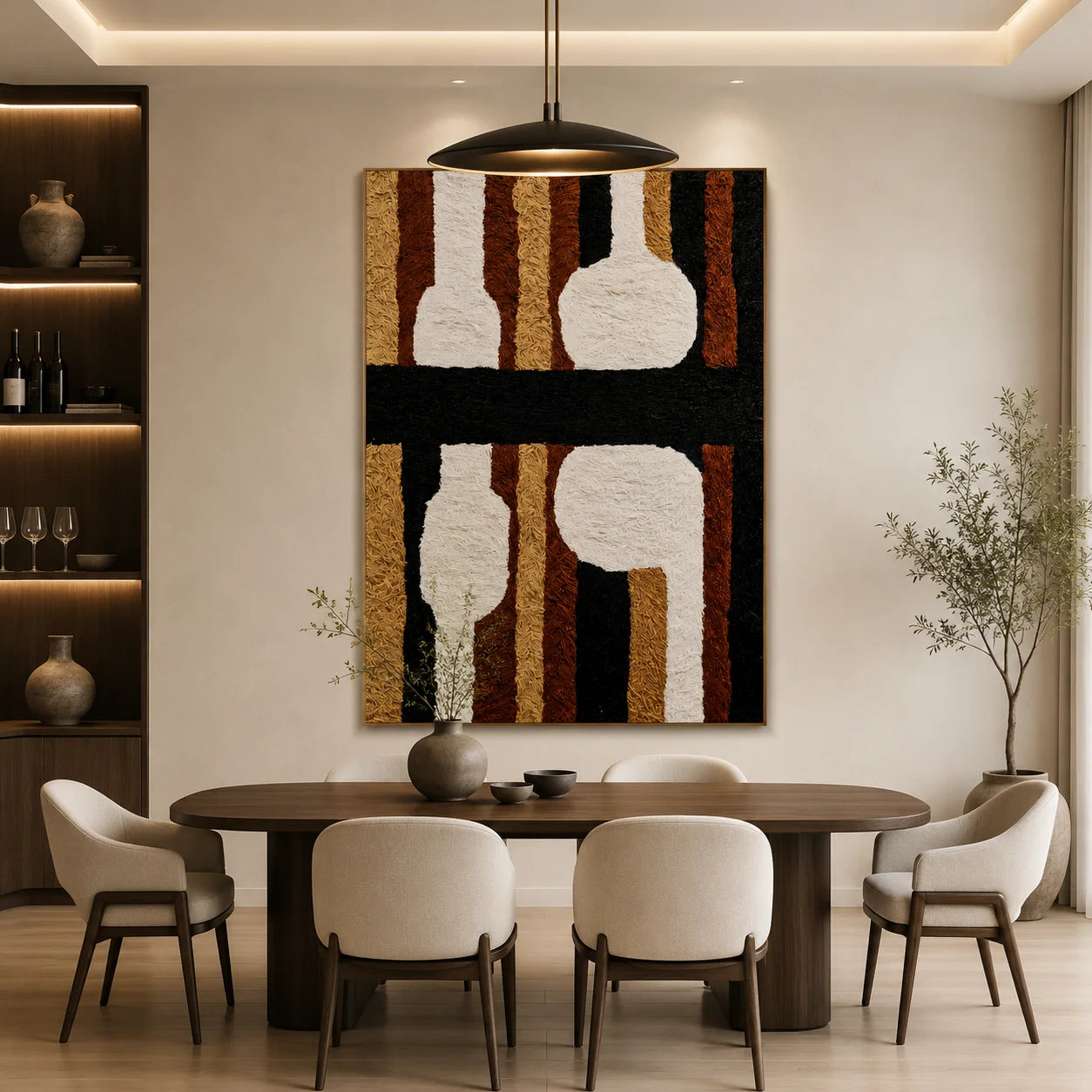 Black, White and Caramel Abstract Ceramic Vase Hand-Painted Oil Painting | Textured Geometric Still Life Wall Art for Modern Interiors
