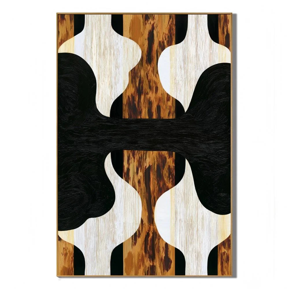 Black White and Walnut Wood Grain Abstract Geometric Hand-Painted Oil Painting | Modern Symmetrical Wall Art for Living Room Entryway and Dining Room