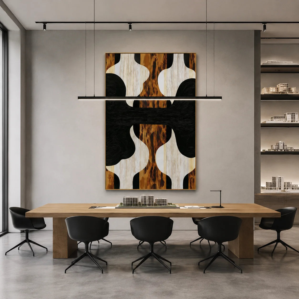 Black White and Walnut Wood Grain Abstract Geometric Hand-Painted Oil Painting | Modern Symmetrical Wall Art for Living Room Entryway and Dining Room
