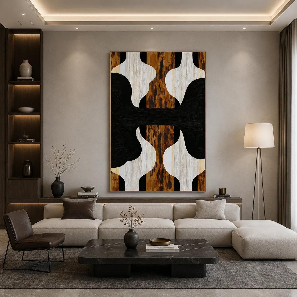 Black White and Walnut Wood Grain Abstract Geometric Hand-Painted Oil Painting | Modern Symmetrical Wall Art for Living Room Entryway and Dining Room