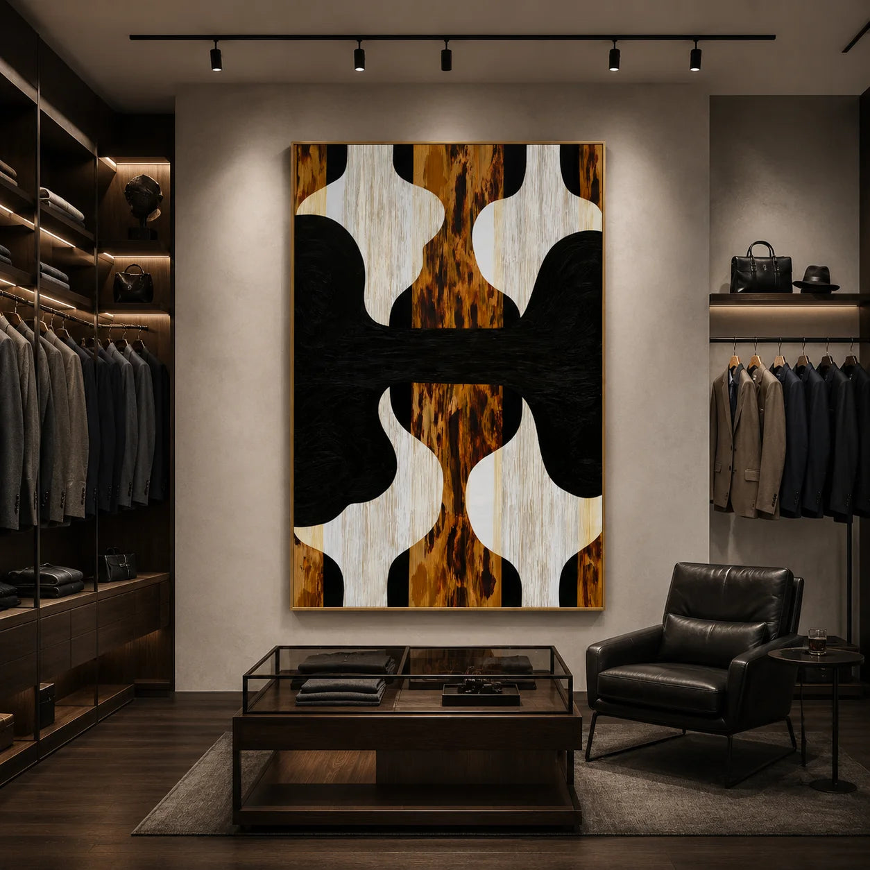 Black White and Walnut Wood Grain Abstract Geometric Hand-Painted Oil Painting | Modern Symmetrical Wall Art for Living Room Entryway and Dining Room