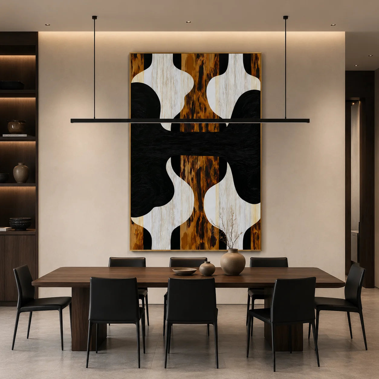 Black White and Walnut Wood Grain Abstract Geometric Hand-Painted Oil Painting | Modern Symmetrical Wall Art for Living Room Entryway and Dining Room