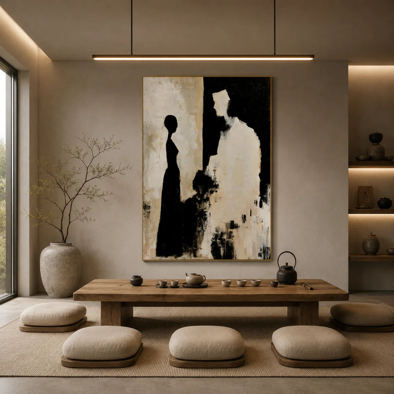 Black and Cream Abstract Figure Silhouette Hand-Painted Oil Painting | Modern Minimalist Couple Wall Art for Living Room, Bedroom and Entryway