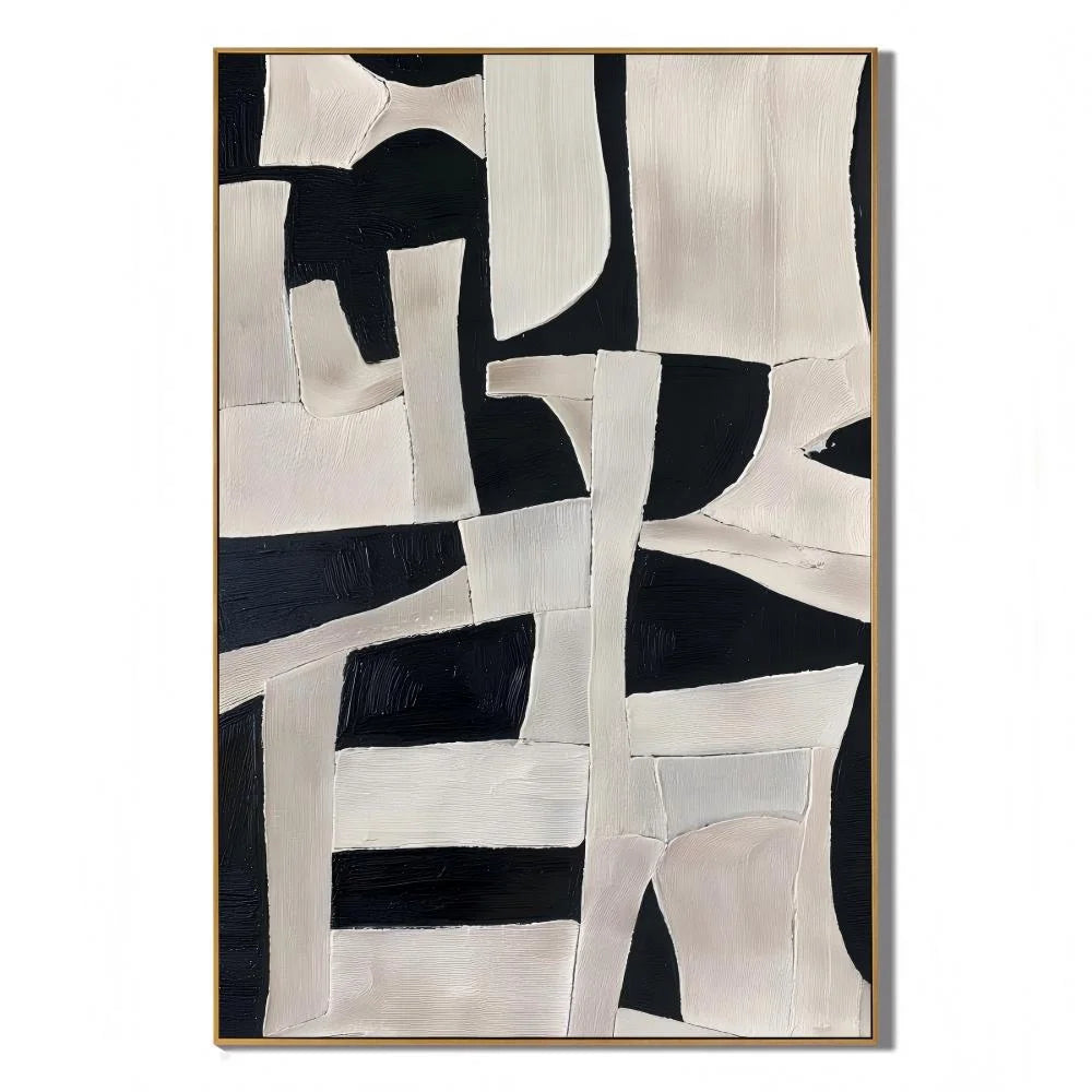 Black and Ivory Abstract Geometric Collage Textured Hand-Painted Oil Painting | Modern Irregular Shape Wall Art for Living Room, Bedroom and Entryway