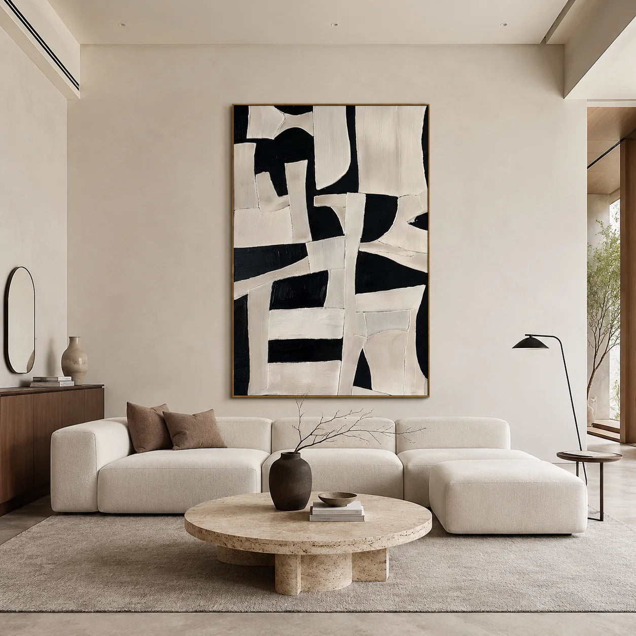 Black and Ivory Abstract Geometric Collage Textured Hand-Painted Oil Painting | Modern Irregular Shape Wall Art for Living Room, Bedroom and Entryway