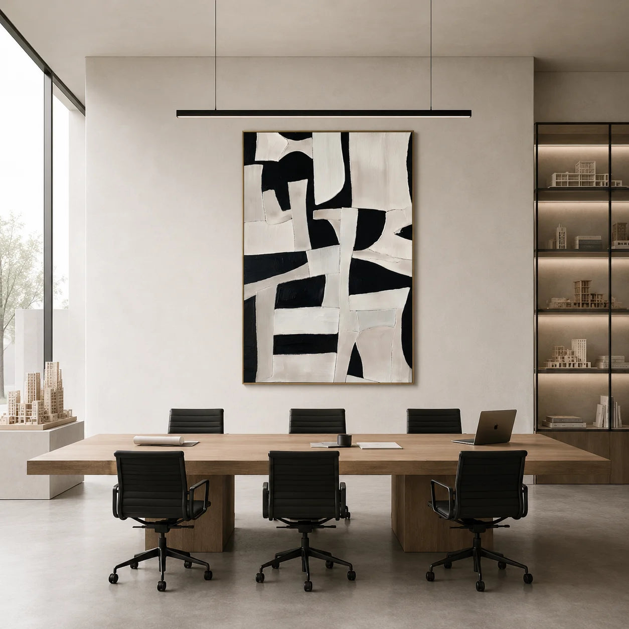 Black and Ivory Abstract Geometric Collage Textured Hand-Painted Oil Painting | Modern Irregular Shape Wall Art for Living Room, Bedroom and Entryway