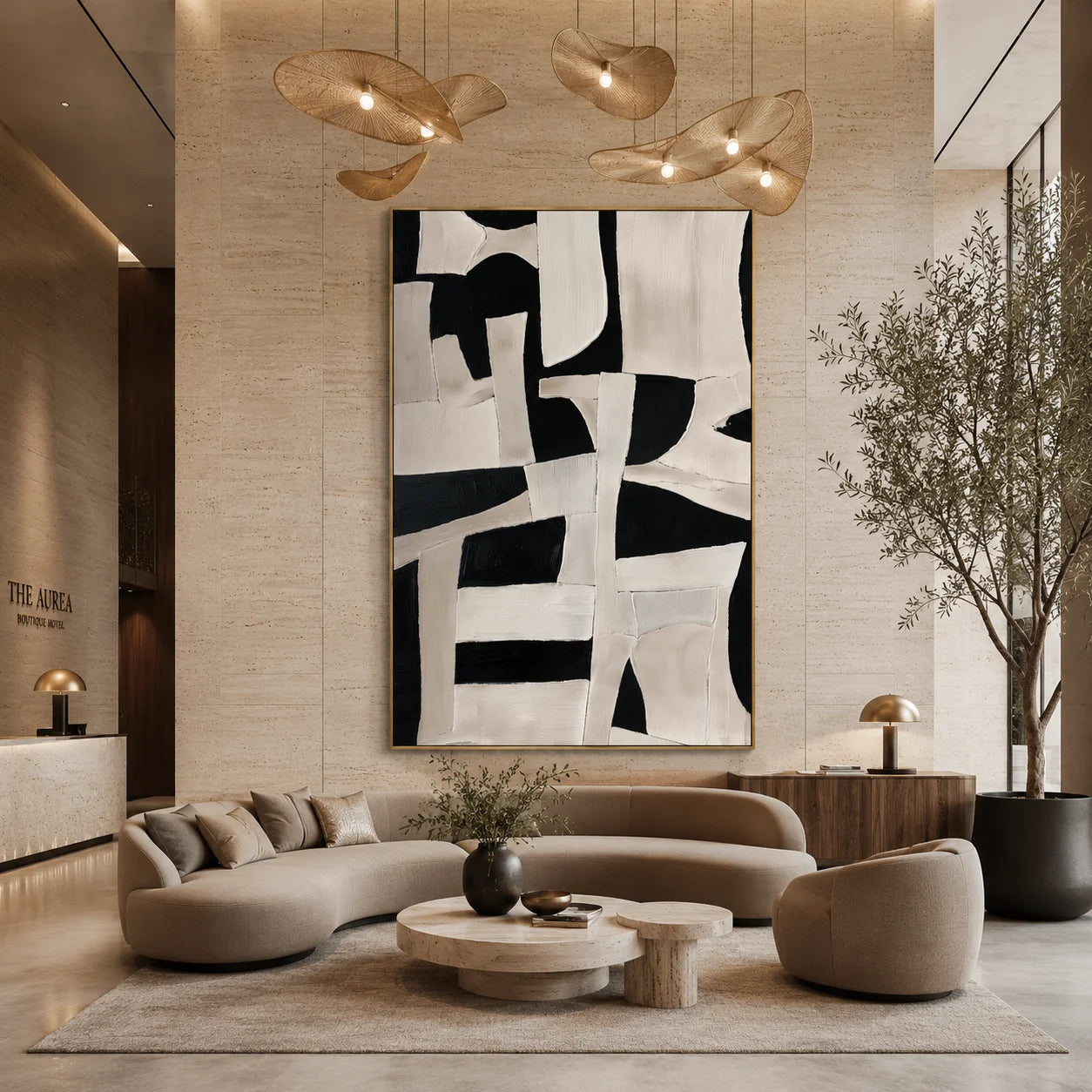 Black and Ivory Abstract Geometric Collage Textured Hand-Painted Oil Painting | Modern Irregular Shape Wall Art for Living Room, Bedroom and Entryway