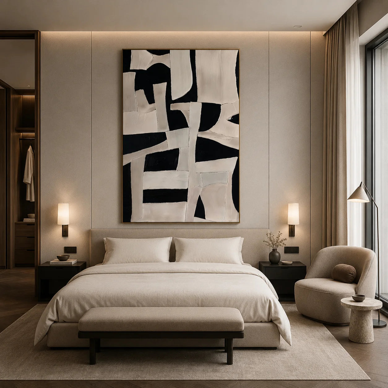 Black and Ivory Abstract Geometric Collage Textured Hand-Painted Oil Painting | Modern Irregular Shape Wall Art for Living Room, Bedroom and Entryway