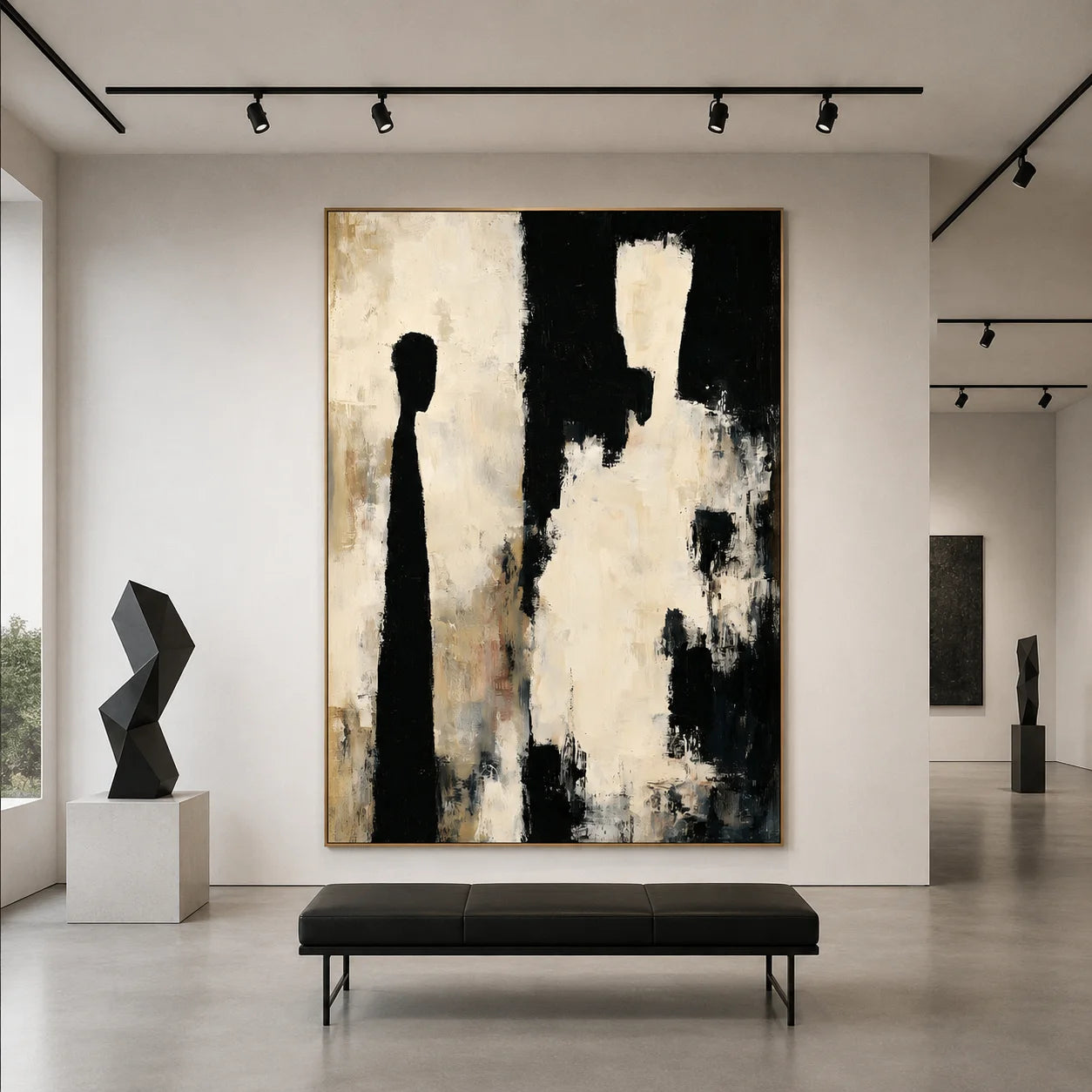 Black and White Abstract Figure Silhouette Hand-Painted Oil Painting | Neutral Textured Modern Wall Art for Living Room and Entryway