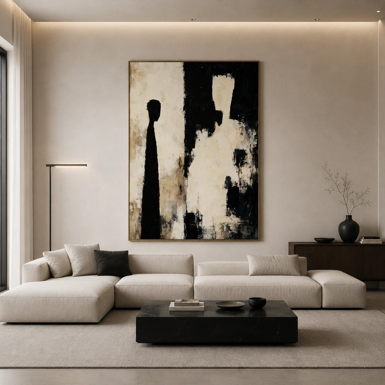 Black and White Abstract Figure Silhouette Hand-Painted Oil Painting | Neutral Textured Modern Wall Art for Living Room and Entryway