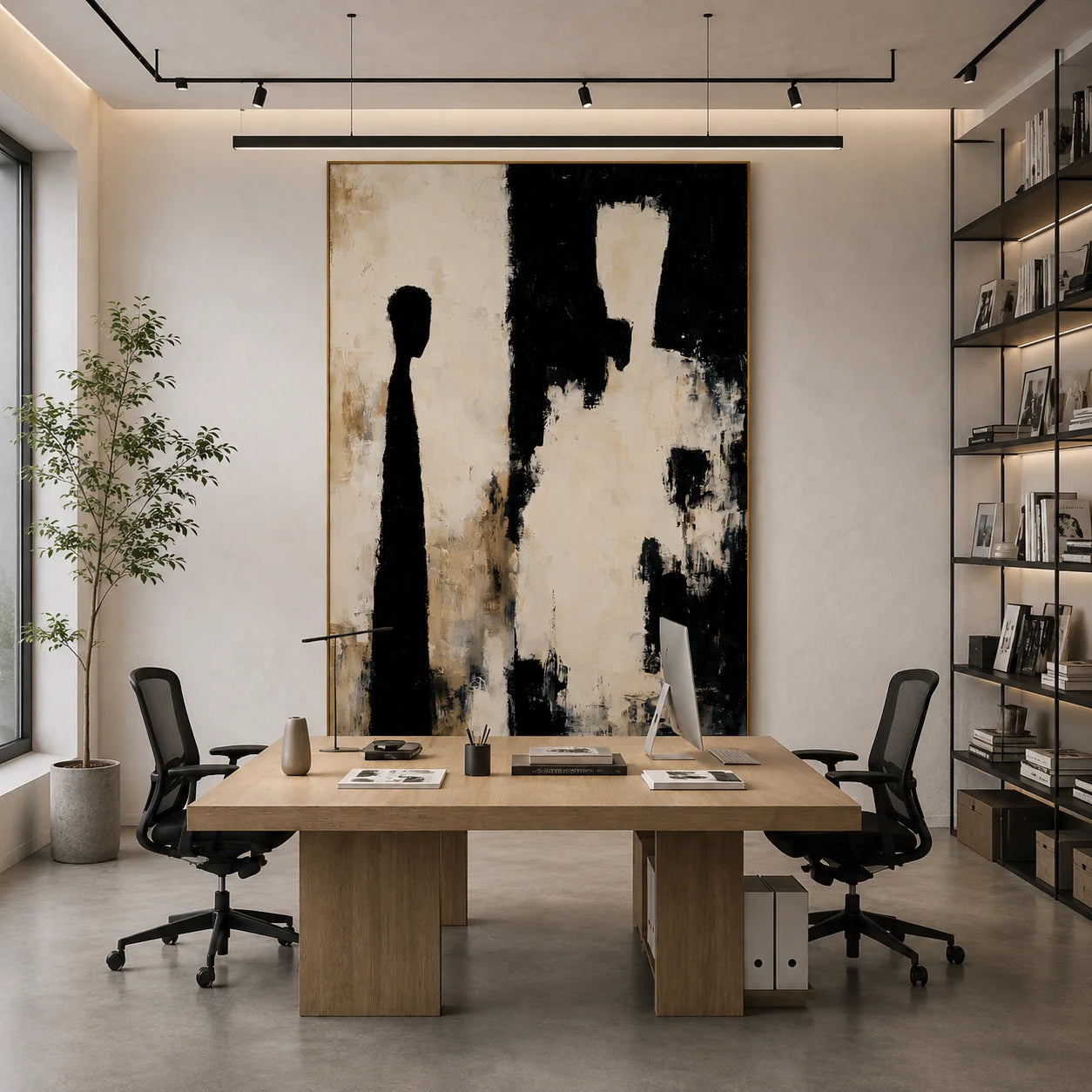 Black and White Abstract Figure Silhouette Hand-Painted Oil Painting | Neutral Textured Modern Wall Art for Living Room and Entryway