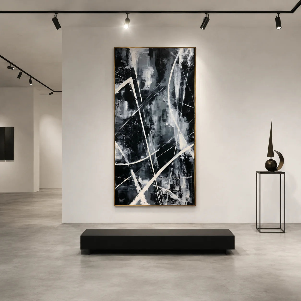 Black and White Abstract Hand-Painted Oil Painting | Modern Geometric Line Wall Art # OA 1026