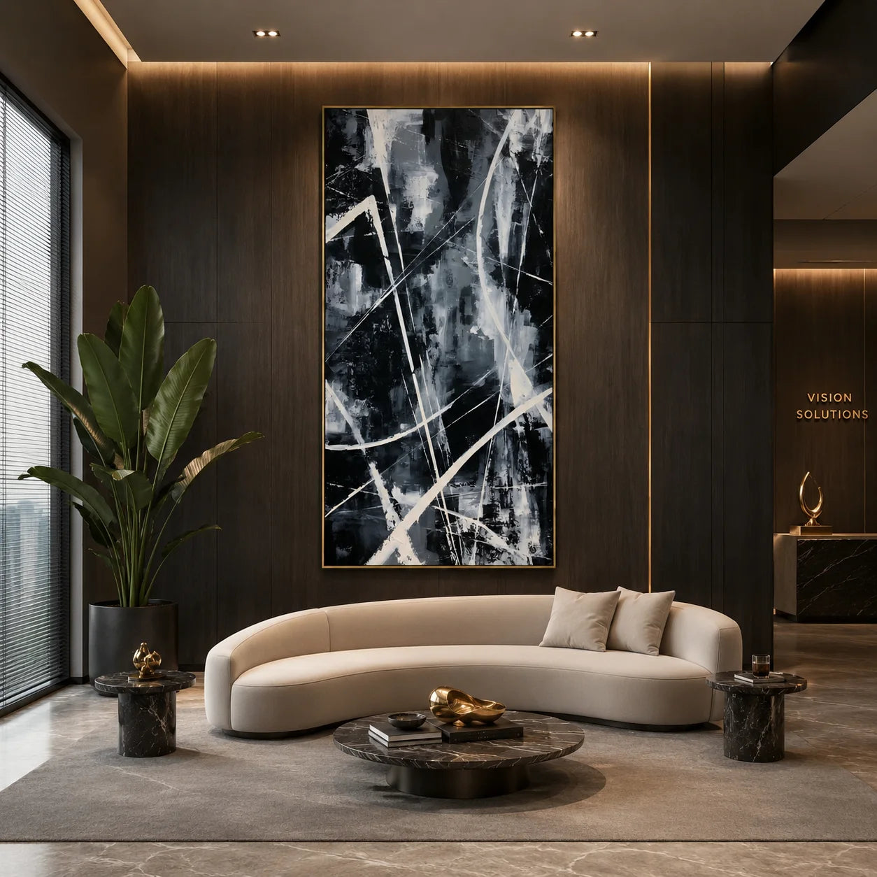 Black and White Abstract Hand-Painted Oil Painting | Modern Geometric Line Wall Art # OA 1026
