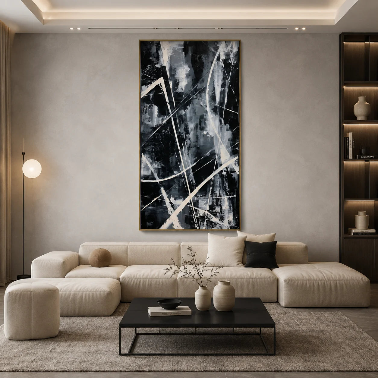 Black and White Abstract Hand-Painted Oil Painting | Modern Geometric Line Wall Art # OA 1026