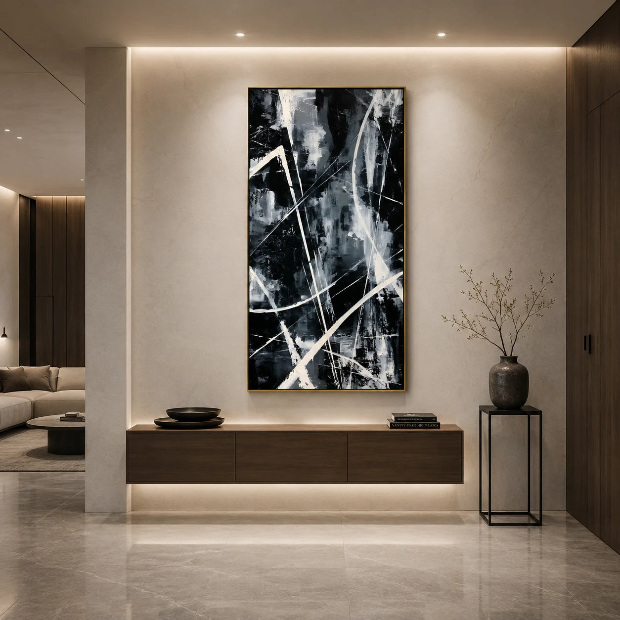 Black and White Abstract Hand-Painted Oil Painting | Modern Geometric Line Wall Art # OA 1026