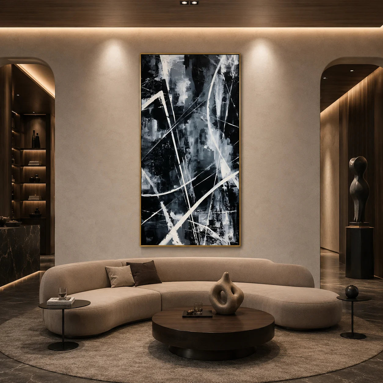 Black and White Abstract Hand-Painted Oil Painting | Modern Geometric Line Wall Art # OA 1026