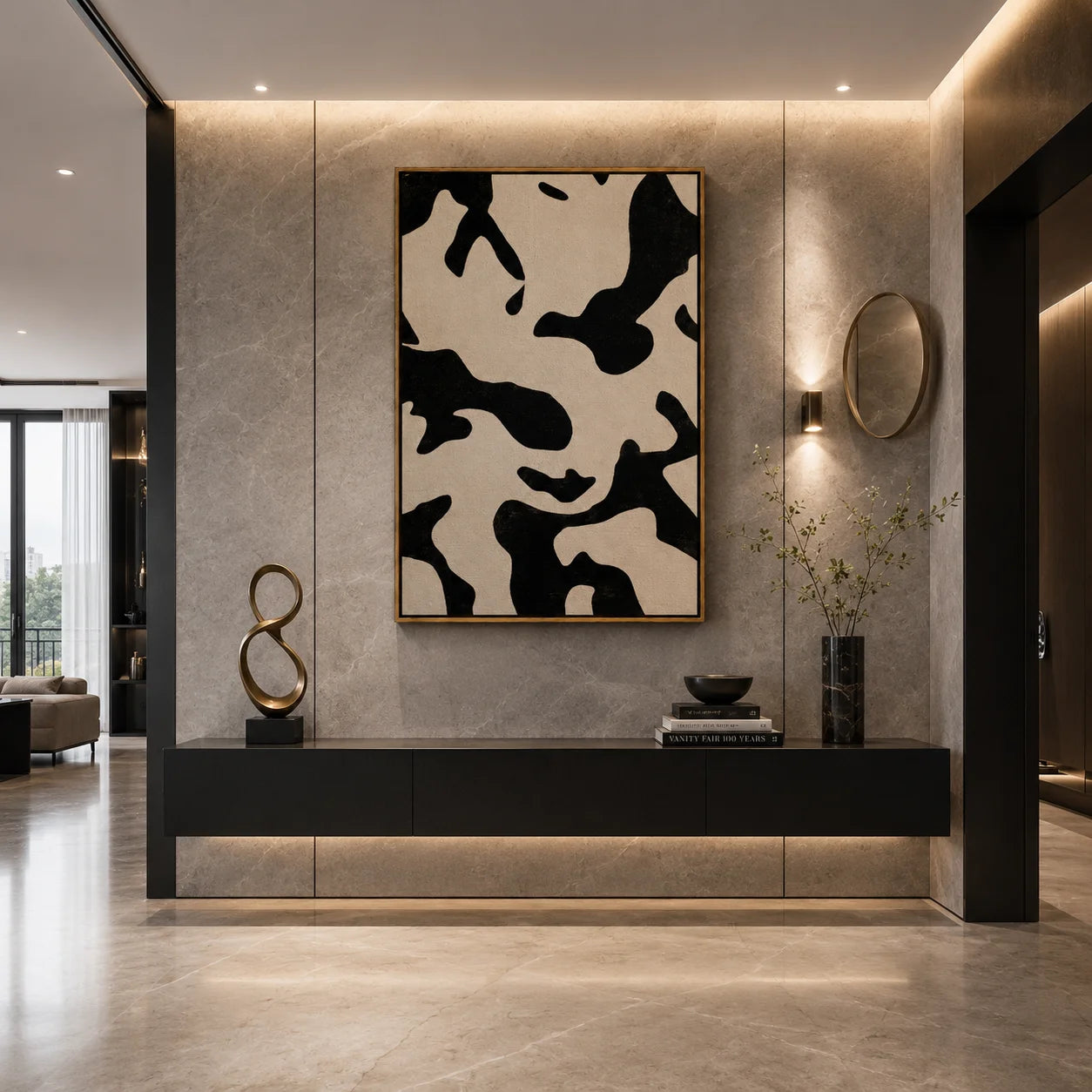 Black and White Cow Print Abstract Hand-Painted Oil Painting | Modern Minimalist Wall Art with Neutral Animal Pattern#OA1017