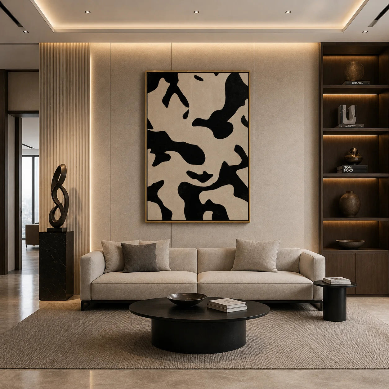 Black and White Cow Print Abstract Hand-Painted Oil Painting | Modern Minimalist Wall Art with Neutral Animal Pattern#OA1017