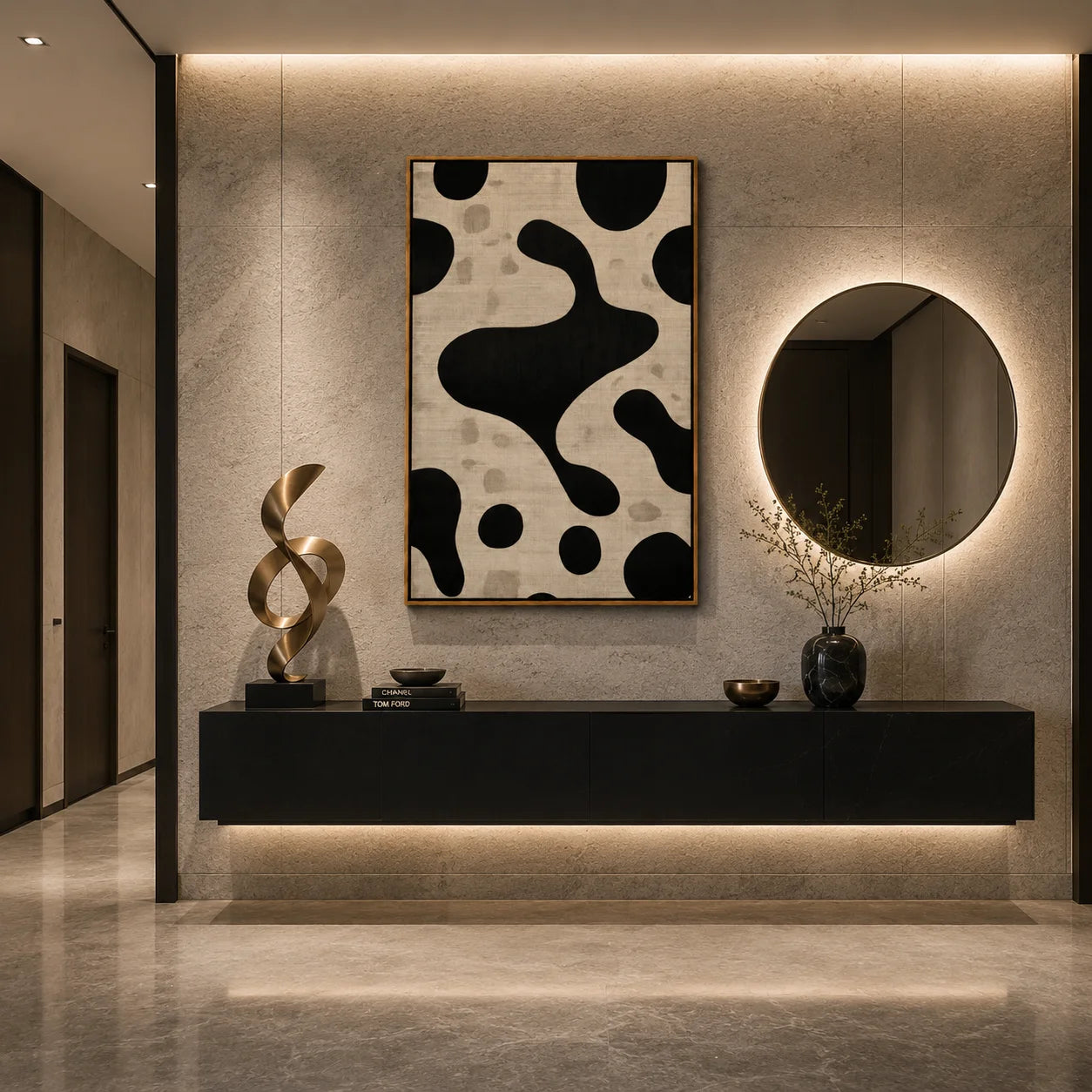 Black and White Minimalist Abstract Hand-Painted Oil Painting | Modern Organic Geometric Wall Art for Neutral Decor#OA1018