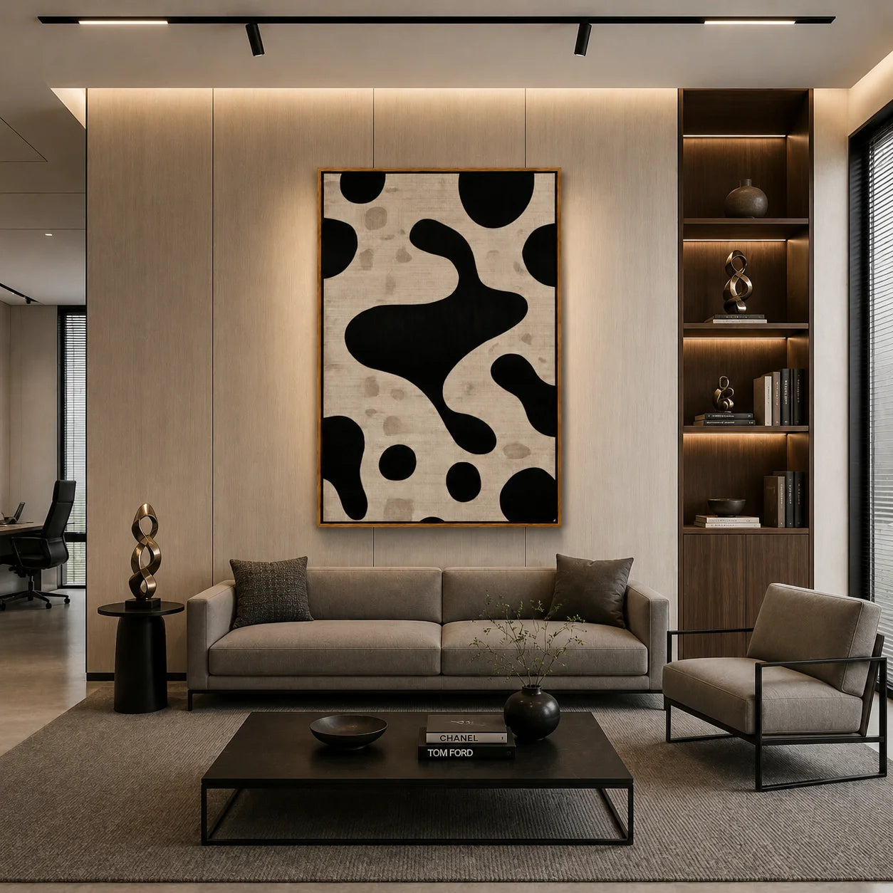 Black and White Minimalist Abstract Hand-Painted Oil Painting | Modern Organic Geometric Wall Art for Neutral Decor#OA1018
