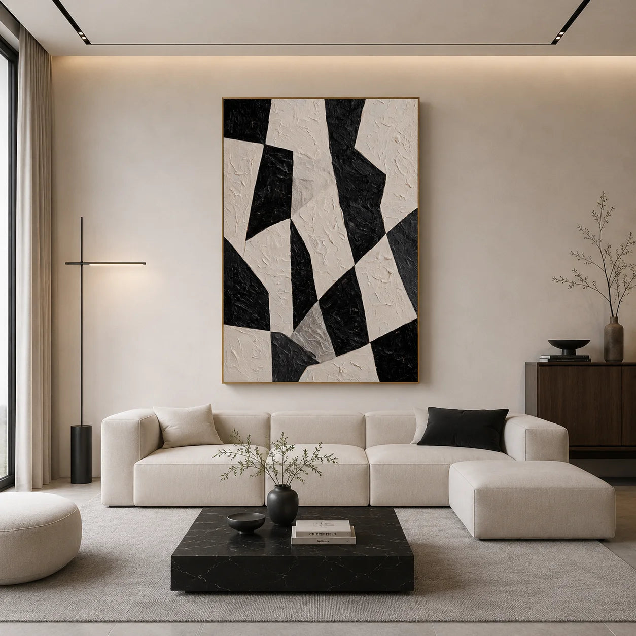 Black and White Minimalist Geometric Hand-Painted Oil Painting | Modern Abstract Textured Wall Art for Living Room, Bedroom and Entryway