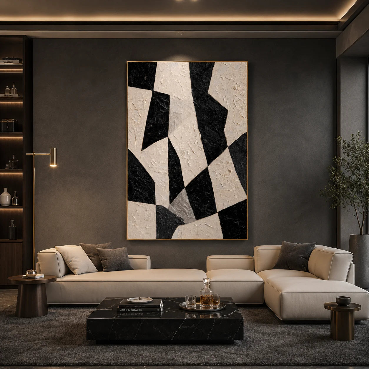 Black and White Minimalist Geometric Hand-Painted Oil Painting | Modern Abstract Textured Wall Art for Living Room, Bedroom and Entryway
