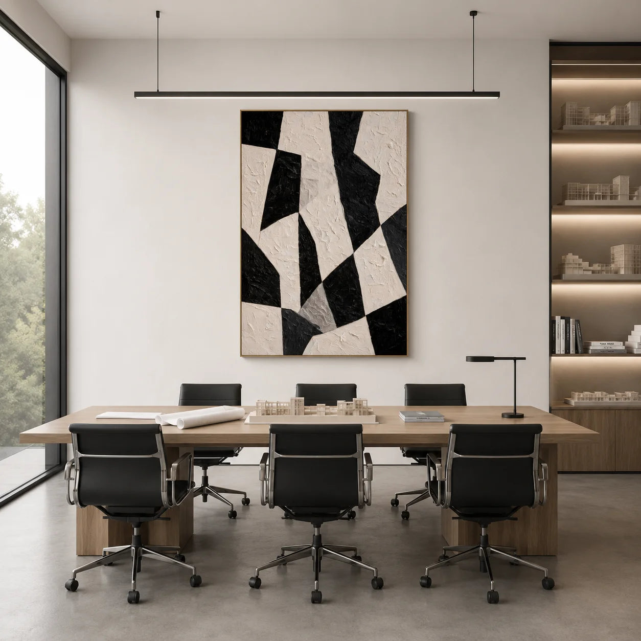 Black and White Minimalist Geometric Hand-Painted Oil Painting | Modern Abstract Textured Wall Art for Living Room, Bedroom and Entryway