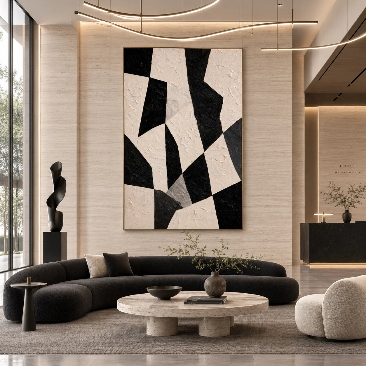 Black and White Minimalist Geometric Hand-Painted Oil Painting | Modern Abstract Textured Wall Art for Living Room, Bedroom and Entryway