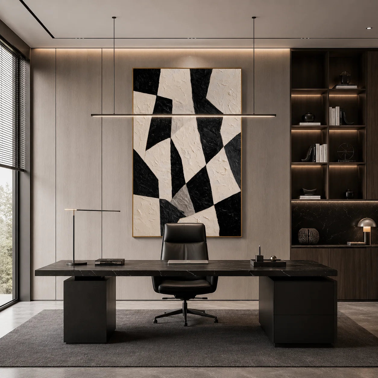 Black and White Minimalist Geometric Hand-Painted Oil Painting | Modern Abstract Textured Wall Art for Living Room, Bedroom and Entryway